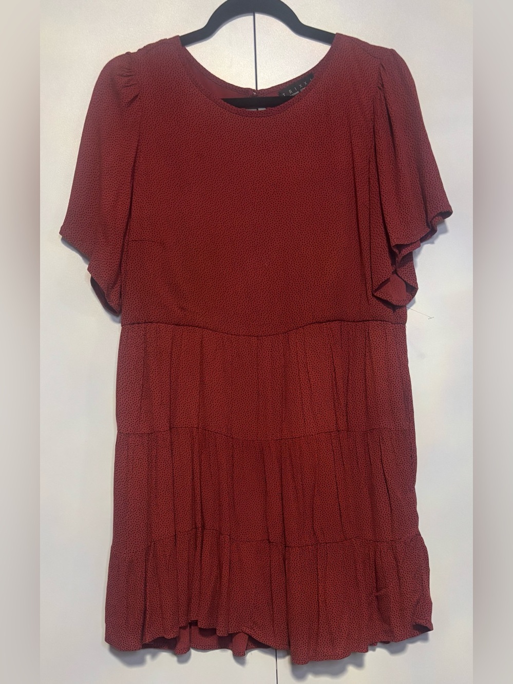 Trixxi Brick Red Tiered Flutter Sleeve Mini Dress